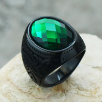Bague vintage en acier inoxydable incrustée d'agate noire et de turquoise avec sertissage à griffes, pierres de laboratoire, bijoux pour homme