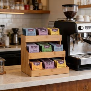 <b>Bamboo</b> Tea Bag Storage Box Three Tier Multi Compartment Desktop Organizer For Kitchen Coffee Shop Use Natural Color 27x17x24.5cm - Product Image 1