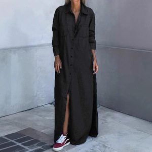 Vestido largo <span class=keywords><strong>de</strong></span> <span class=keywords><strong>mezclilla</strong></span> estilo europeo <span class=keywords><strong>con</strong></span> cuello tipo cárdigan, manga larga, holgado, ultra largo, <span class=keywords><strong>con</strong></span> abertura lateral, tipo <span class=keywords><strong>blusa</strong></span> y <span class=keywords><strong>falda</strong></span>, al por mayor. - Product Image 4