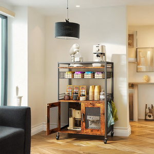 Mesa de estación de café de 3 niveles con ruedas personalizadas de fábrica, barra de Buffet, armario, carrito de barra con cesta de alambre, cajón para cocina casera - Product Image 5