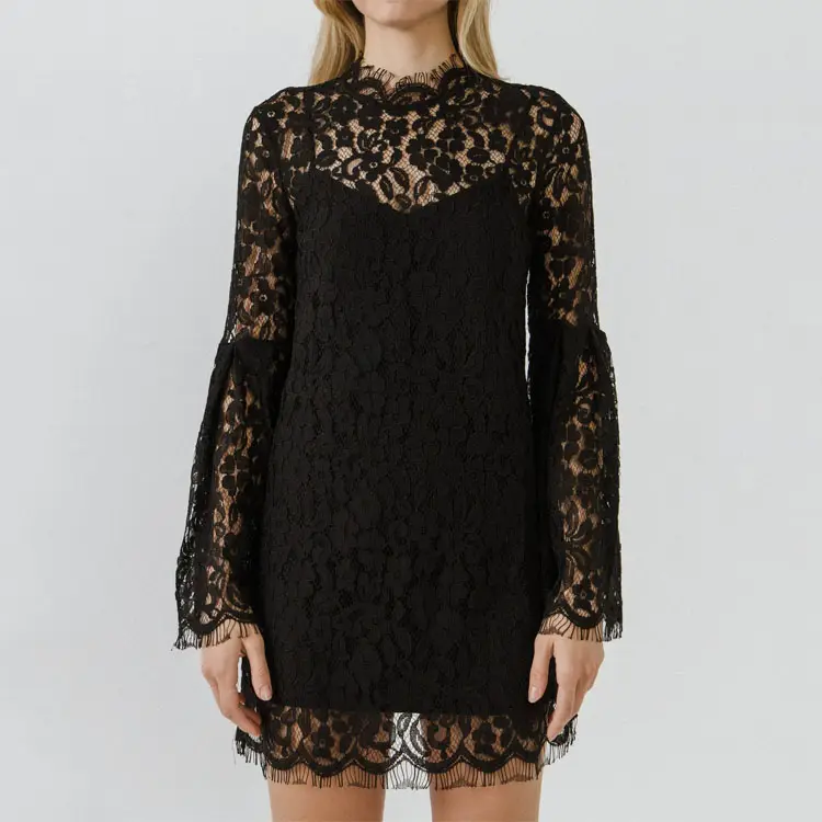 Fashion Wedding High Neck Long sleeve Hollow Out Crochet Lace Mesh Lined Short Dress Party Evening Dresses