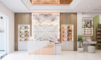 Boutique de maquillage moderne Design d'intérieur îlot double face personnalisé comptoir de boutique de cosmétiques en bois contreplaqué MDF