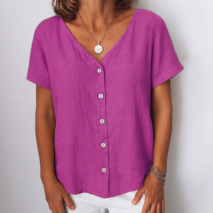 Nueva Blusa Cárdigan <span class=keywords><strong>de</strong></span> Poliéster <span class=keywords><strong>para</strong></span> Mujer, Estilo Casual <span class=keywords><strong>de</strong></span> Verano, Manga Corta, Cuello en V, con Botones, Color Sólido, Colección 2025 - Product Image 3
