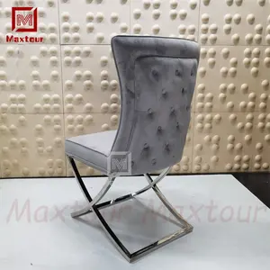 Açık gri kadife metal ergonomi yemek sandalyesi avrupa tarzı modern gümüş paslanmaz çelik taban kadife yemek sandalyesi
