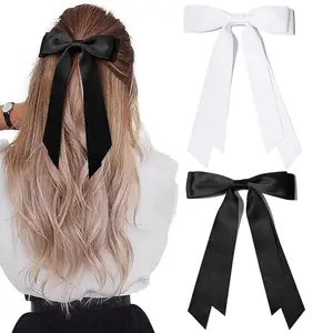 Sweet 2PCS Solid Color Black White Silky Satin Bows Hair Clips Hairpin Alligator Barrettes