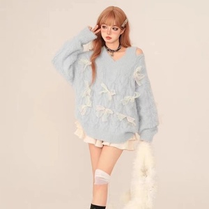 Pulls en tricot pour femmes à col en V, épaules dénudées, manches longues, avec nœud, épais et chauds, couleur unie, style <span class=keywords><strong>chic</strong></span> et doux - Product Image 5