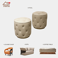 Tabouret Rond Beige de Luxe en Cuir Véritable Capitonnée de Haute Qualité pour Chambre et Salon, Idéal pour se Préparer et Se Changer de Chaussures