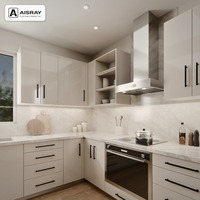 Meuble de cuisine moderne en acrylique avec portes à battants, aménagement en L, unités modulaires, boîtes de rangement en contreplaqué et tiroirs à fermeture amortie