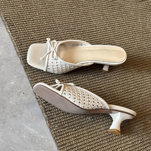 White Square Toe Heeled <b>Sandals</b> With <b>Bow</b> Decoration Breathable Faux Leather Mid Heel Slip-On Elegant Summer Drop Shipping - Product Image 3