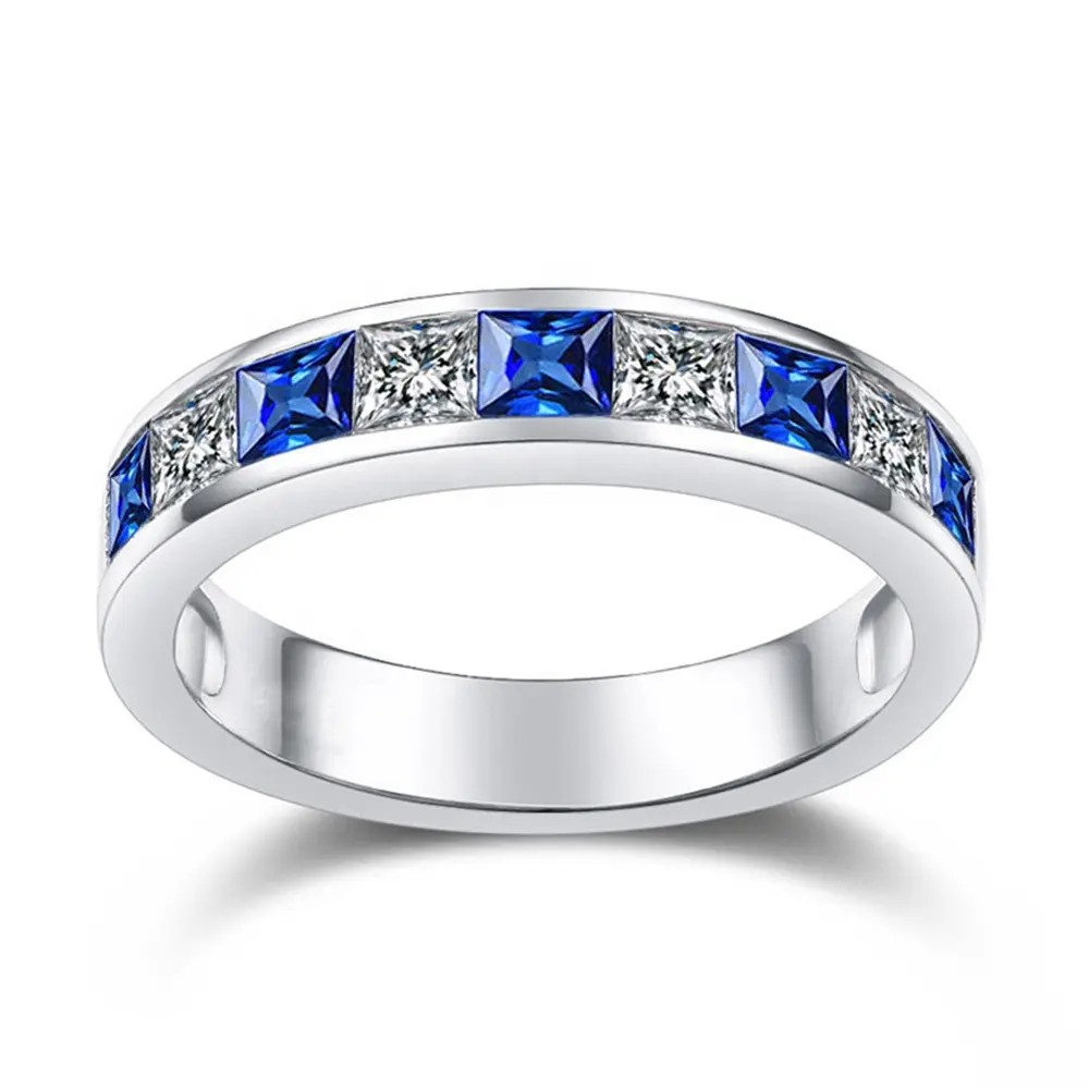 غرامة مجوهرات الياقوت الأزرق مكعب زركونيا 925 الفضة الأبيض حلقات مطلية بالذهب نصف الأبدية خاتم الأحجار الكريمة