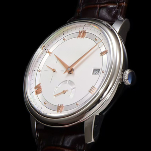 Montre automatique classique de style designer, aiguilles or rose, cadran blanc, réserve de marche, petite seconde, date, boîtier en acier 316L, bracelet en cuir marron - Product Image 3