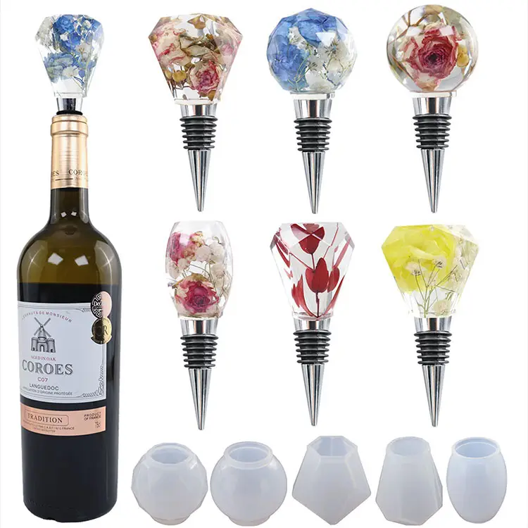 Resin Molds for Wine Stopper 5Pcs Silicone On Top Wine Bottle Stopper Mould With Wine Stoppers Gem Casting Molds for DIY Making