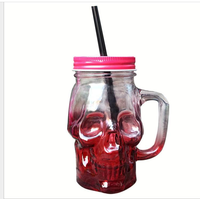 Bouteille en verre en forme de crâne de 480 ml (16 oz) avec poignée, paille et couvercle à vis – Mug à grimaces, pot à boire, bocal Mason en verre