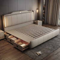 Lit de Luxe Moderne King Size en Cuir et Bois Massif avec Rangement pour Chambre à Coucher, Lit d'Hôtel avec Éclairage