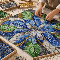 Seni Mural Mosaik Kaca Potong Tangan Motif Anggrek Biru Abstrak Kustom untuk Dekorasi Dinding Fitur Latar Belakang Komersial Hotel Bar