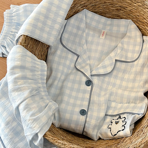 2025 Summer Clouds Cotton Yarn Pajamas Blue Lattice Embroidered <strong>Dog</strong> Women's Cartoon Comfortable Three-Piece - Product Image 4