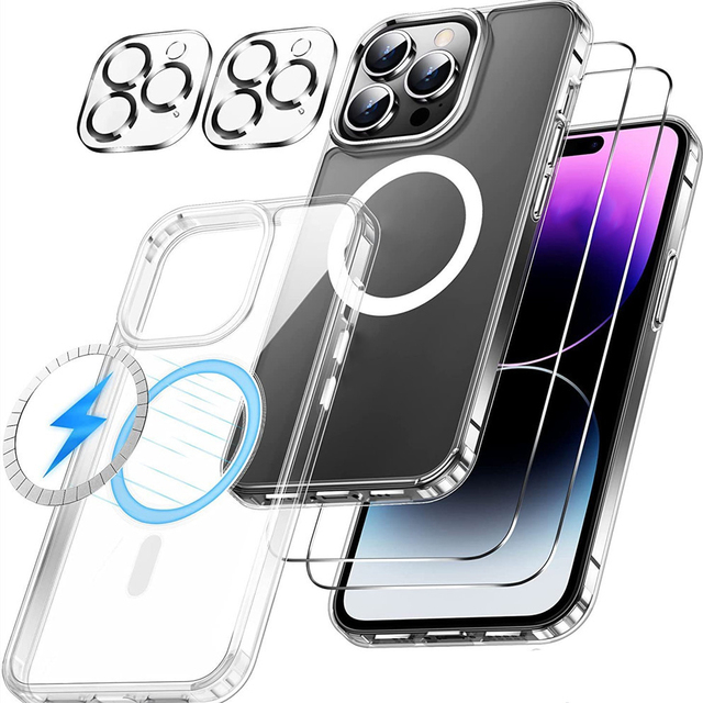 5 in 1 Magnetic Acrylic Phone case Camera Lens Protector Anti Explosion Temper Glass Phone Film for iPhone 13 14 15 16 Pro