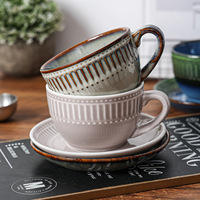Mug à café en céramique avec logo personnalisé, avec soucoupe, corps côtelé et gaufré, idéal pour les cadeaux promotionnels de café et d'hôtel, commande en gros