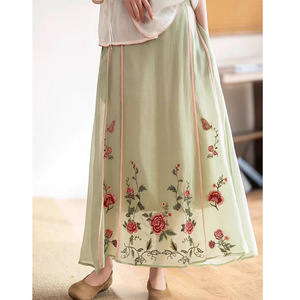 Chinese Style Embroidery A-Line Midi Skirt Women Elastic Waist Chiffon Apricot Pink Traditional Skirt Comfortable Spring Summer - Product Image 4