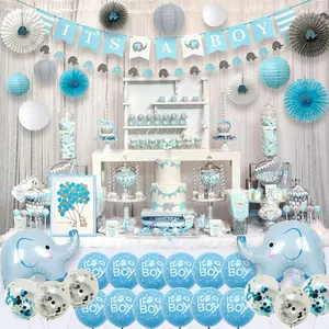 UMISS Blue Elephant Baby Shower ตกแต่งสำหรับ Boy Party Supplies ชุดหนังสือแบนเนอร์ Garland กระดาษพัดลมโคมไฟ