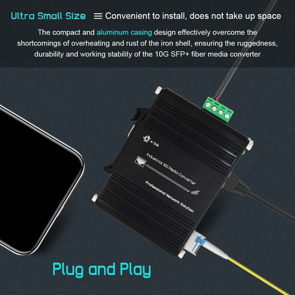 Mini Industrial 10G SFP+ Media Converter for Multi-Gigabit Copper to Fiber with PoE+ and DIN-Rail