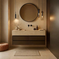 Meuble de salle de bain de luxe pour hôtel, suspendu au mur, en pierre naturelle, avec dessus en travertin beige cannelé, en bois massif
