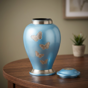 Urne funéraire américaine en aluminium bleu pour animaux de compagnie, urne commémorative pour cendres, vase souvenir, décoration papillon, artisanat indien pour la maison - Product Image 3