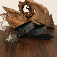 Ceinture américaine en cuir PU à motif herbe Tang, tête de cheval et tête de veau embossées, boucle lisse en alliage, longueur réglable