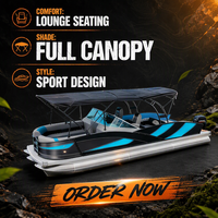 Bateau ponton de luxe pour croisière marine, loisirs en famille, pêche côtière, sports nautiques, événements festifs, mobilier personnalisé, protection Bimini