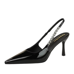 Sandales à talons pointus en cuir <span class=keywords><strong>verni</strong></span> <span class=keywords><strong>noir</strong></span> pour femmes, chaîne en strass, chaussures à bride arrière ouvertes pour soirée - Product Image 5