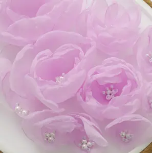 DH007浅紫色手工欧根纱花贴贴花缝制补丁，缝纫工艺3d花卉新娘配件