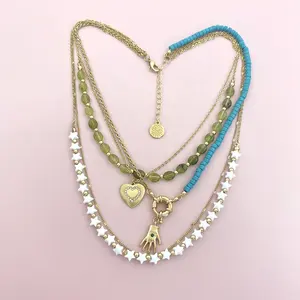 New design multi layer gold chain acrylic beads crystal heart hand pendant Necklace for women