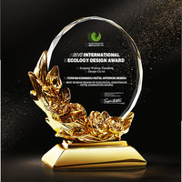 Plaque de récompense ronde en cristal plaqué or de luxe avec bordure florale, élégant trophée d'honneur floral