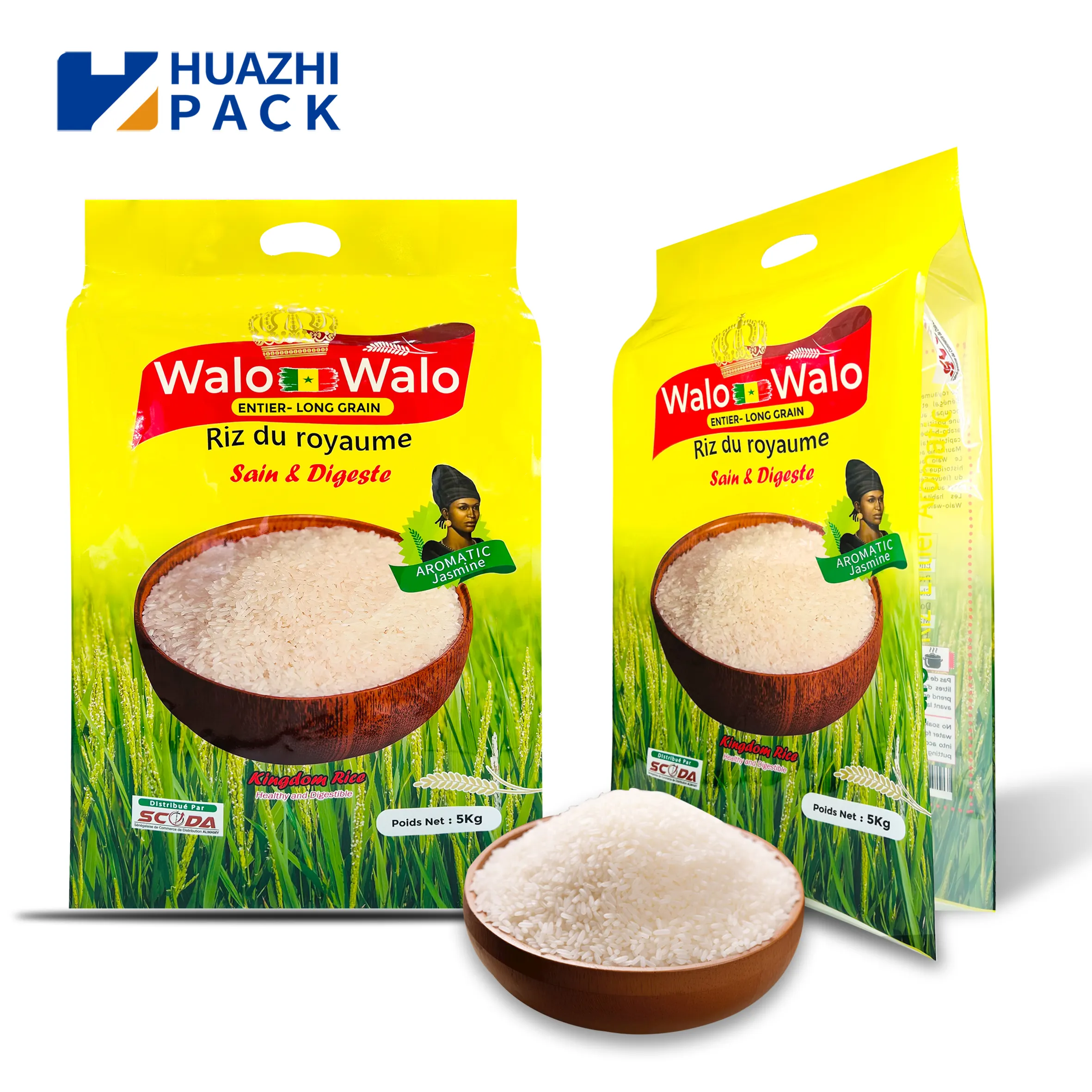 Bolsa de embalaje de arroz con mango de plástico, personalizada, grado alimenticio, gran volumen, vac, 1kg, 2kg, 5kg, 10kg