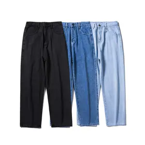 Streetwear Baggy Jeans Longgar Pria, Celana Kaki Lebar Lurus Longgar Mode Korea Musim Gugur 2021 Warna Hitam Muda Biru