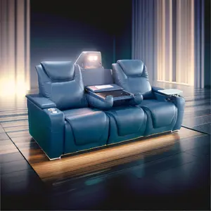 Luxury design blue leather reclining cinema sofa LED light home theater furniture power VIP seats electric recliner chair