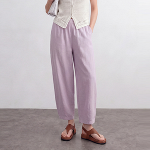 Pantalon Harem 100% Chanvre pour <span class=keywords><strong>Femme</strong></span>, Taille Haute Élastique, Coupe Slim, Respirant et Frais, Pantalon Plissé Décontracté pour le Bureau avec Poches - Product Image 1