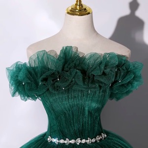 <b>Dark</b> <b>Green</b> Off The Shoulder Ball Gown Evening <b>Dress</b> With Ruffles Natural Waistline For <b>Formal</b> Events - Product Image 3
