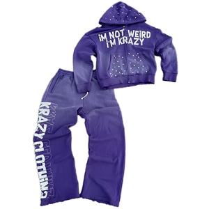 Conjunto de Sudadera con Capucha y Cremallera Estilo Boxy y Pantalones Deportivos Holgados para Hombre, 460 g/m² de Alto Gramaje, Lavado Ácido, Estampado de Pedrería, Chándal de Streetwear - Product Image 1