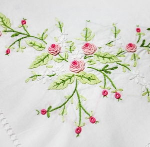 Hand Embroidery White <b>Tablecloth</b>, 100% Cotton, Hemstitch by Hand - Product Image 3