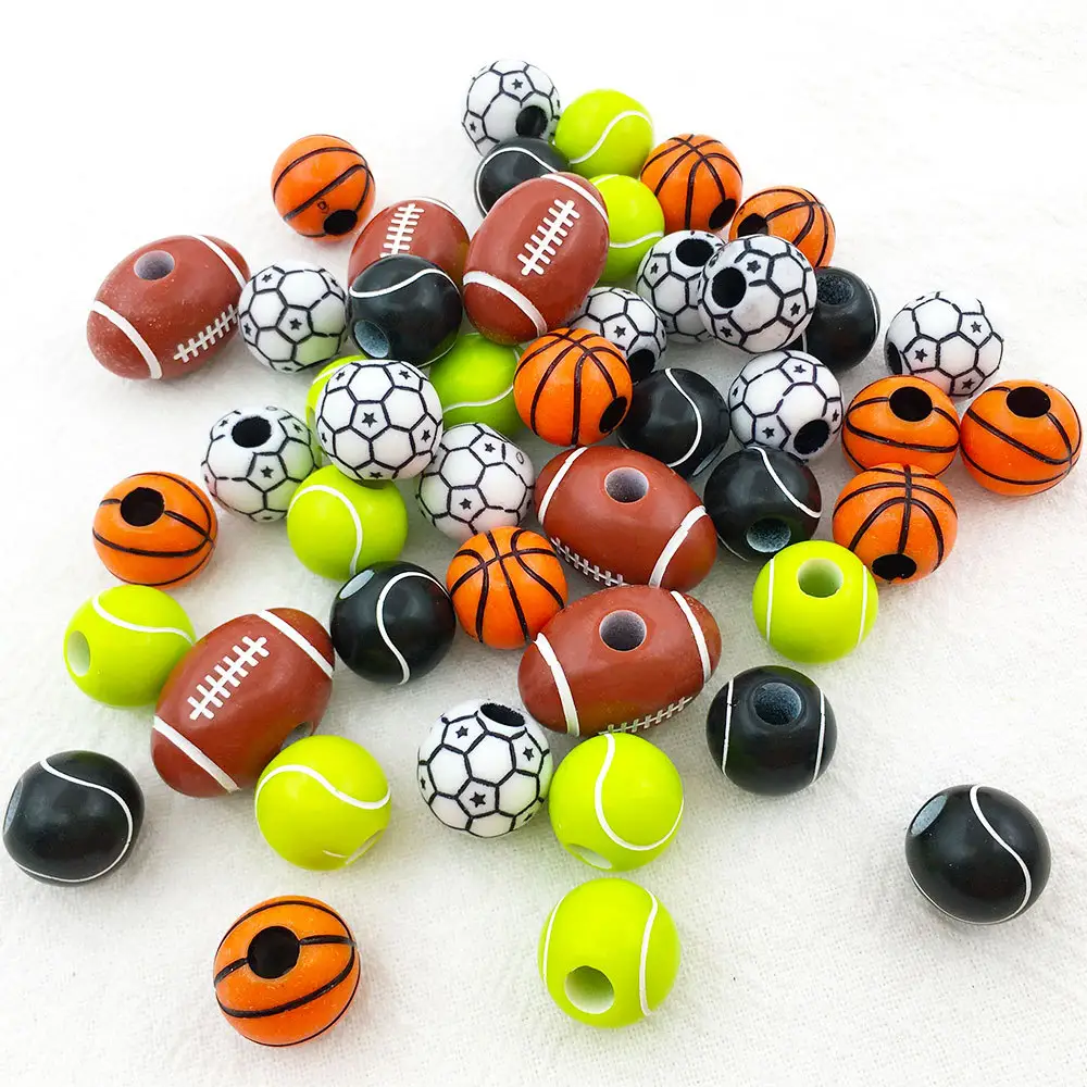 50 buah 5 gaya bola akrilik olahraga manik-manik basket sepak bola Rugby longgar Spacer Beads untuk DIY kalung gelang membuat perhiasan