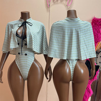 Ensembles 2 Pièces Bodys Rétro Imprimé Pied-de-Poule Jiubaju, Bodys Moulants Sexy en Similicuir Patchwork avec Cape Courte et Châle