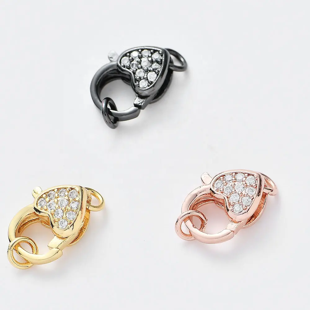 High Quality Micro Pave CZ Cubic Zirconia Heart Shape Lobster Clasps, Fine Diamond Jewelry Clasps Connector for Women Bracelet