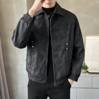Blouson en cuir pour homme, style rétro décontracté, couleur unie, col à revers, coupe ample, tendance amincissante pour l'extérieur, blouson en cuir d'automne