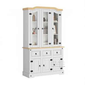 Aparador alto de madera maciza 44.1x16.9x77.2 pulgadas en blanco Corona, unidad de almacenamiento para cocina con puertas de vidrio y cajones - Product Image 1