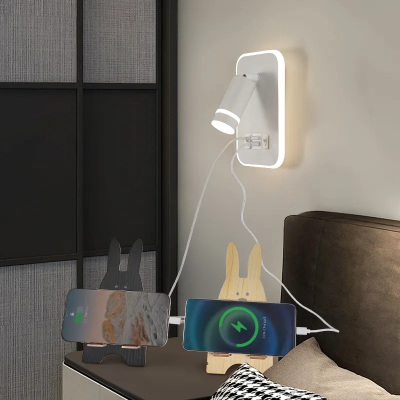 2024 새로운 백색 북유럽 벽 램프 장착 된 알루미늄 LED USB 침대 옆 벽 조명 홈 호텔 침실