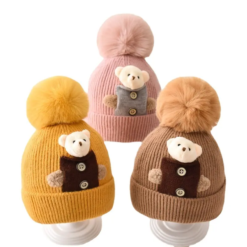 Gorro bebê com bola de cabelo resistente ao vento, chapéu para bebês meninos e meninas, gorro de bebê com botão, outono e inverno, novo, 2022