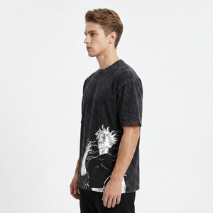 เสื้อยืดโอเวอร์ไซส์สีดำสำหรับผู้ชาย แขนปกติ สไตล์สตรีท ผ้าฝ้าย 100% คอโอเวอร์ไซส์ - Product Image 3