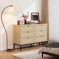 Ensemble de chambre à coucher 4 pièces en rotin naturel et bois style ferme, avec lit Queen, commode et table de chevet, idéal pour appartement et hôtel