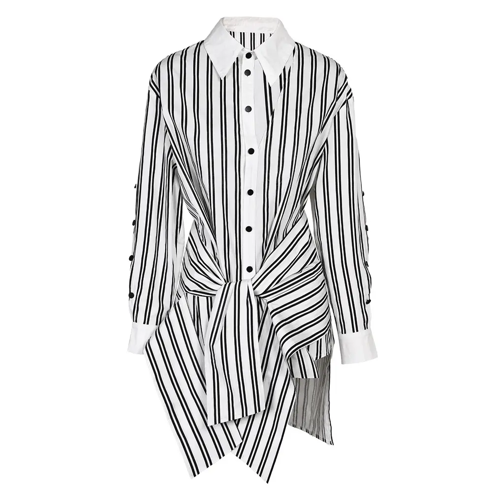 2024 Bettergirl Trend Vertical Stripe Shirt Women's New Autumn Patchwork Cross-strap Design Sense Long-sleeved Shirt Summer